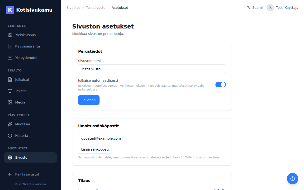 Sivuston asetukset